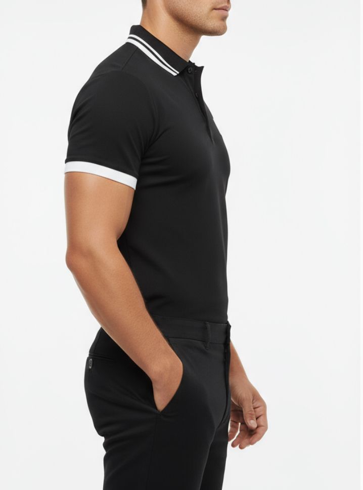 Men’s Cotton Polo Shirt – Striped, Modern Fit, Casual Streetwear, Designer polo, Modern European Design, Black